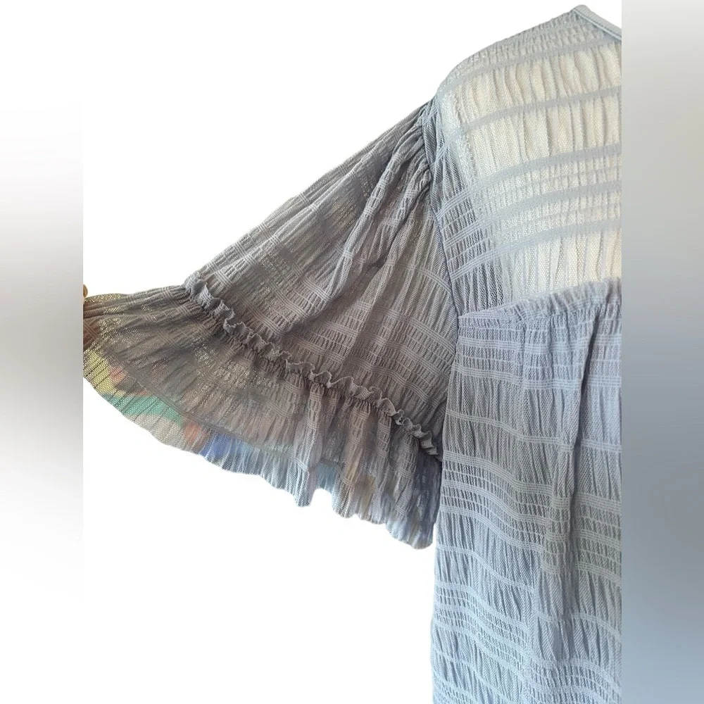 Max Studio Blouse L Cornflower Blue Mesh Flowy Top - Picture 5 of 12